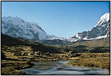 This was on our 4 night trip around Peru's Mount Ausangate: 6,384 meters/20,940 feet. We were probably around 15,000 feet going over one of the passes. This was one of the most spectacular campsites I was ever at! But it was cold, cold, cold at night. (1986)